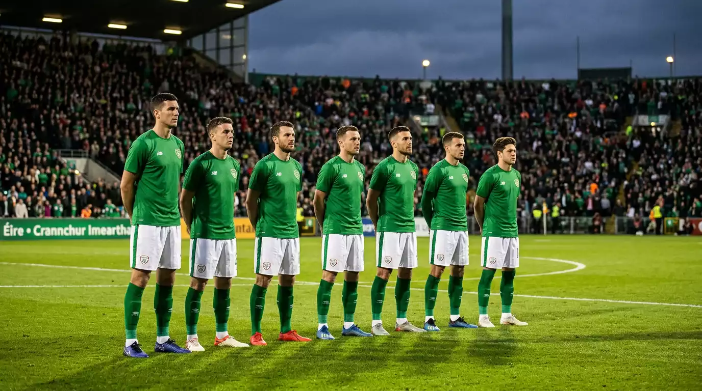 Imreoirí sacair ag seasamh ar pháirc glas le geansaithe glasa na hÉireann roimh chluiche crannchur imeartha