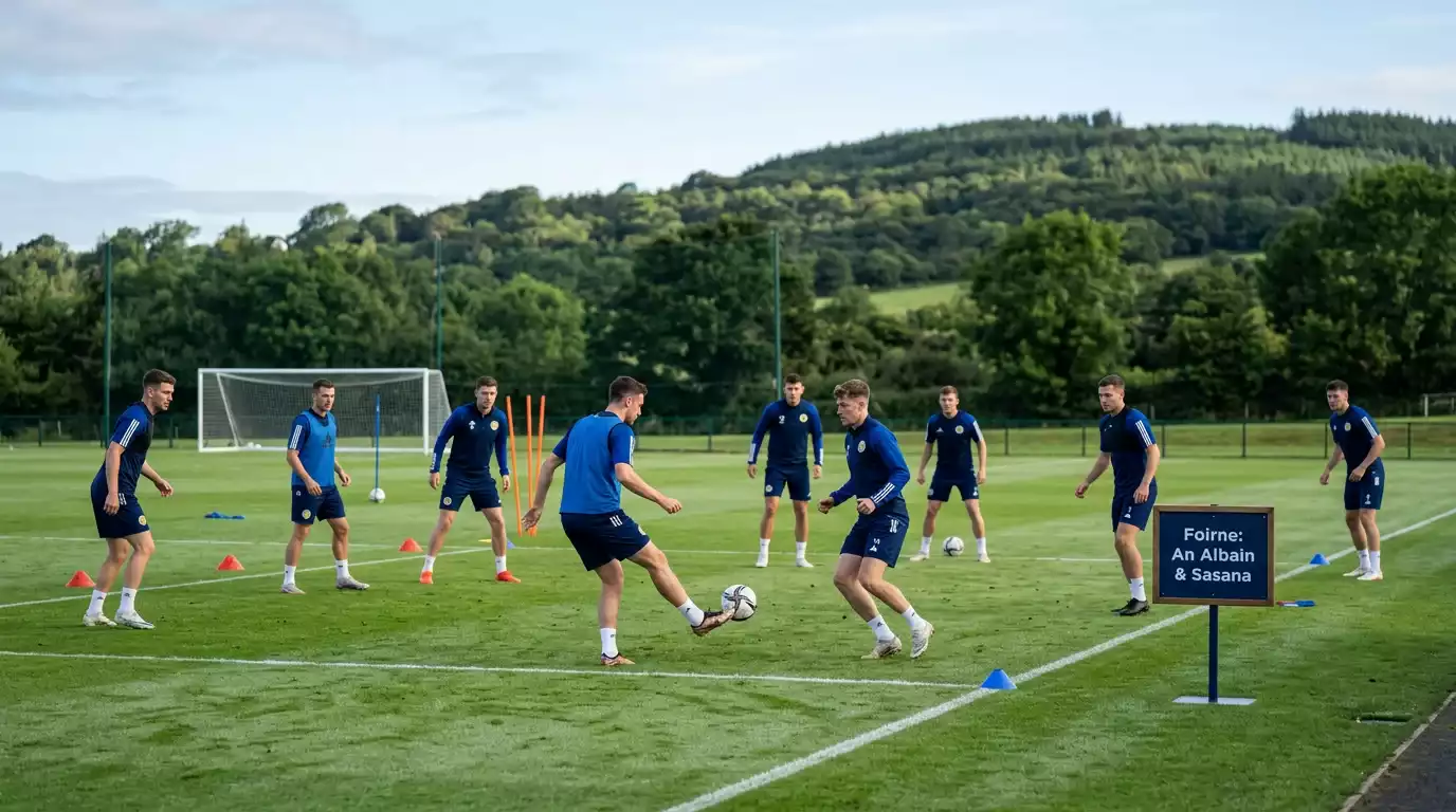Imreoirí sacair i ngeansaithe gorma na hAlban ag traenáil ar pháirc glas roimh Chorn an Domhain